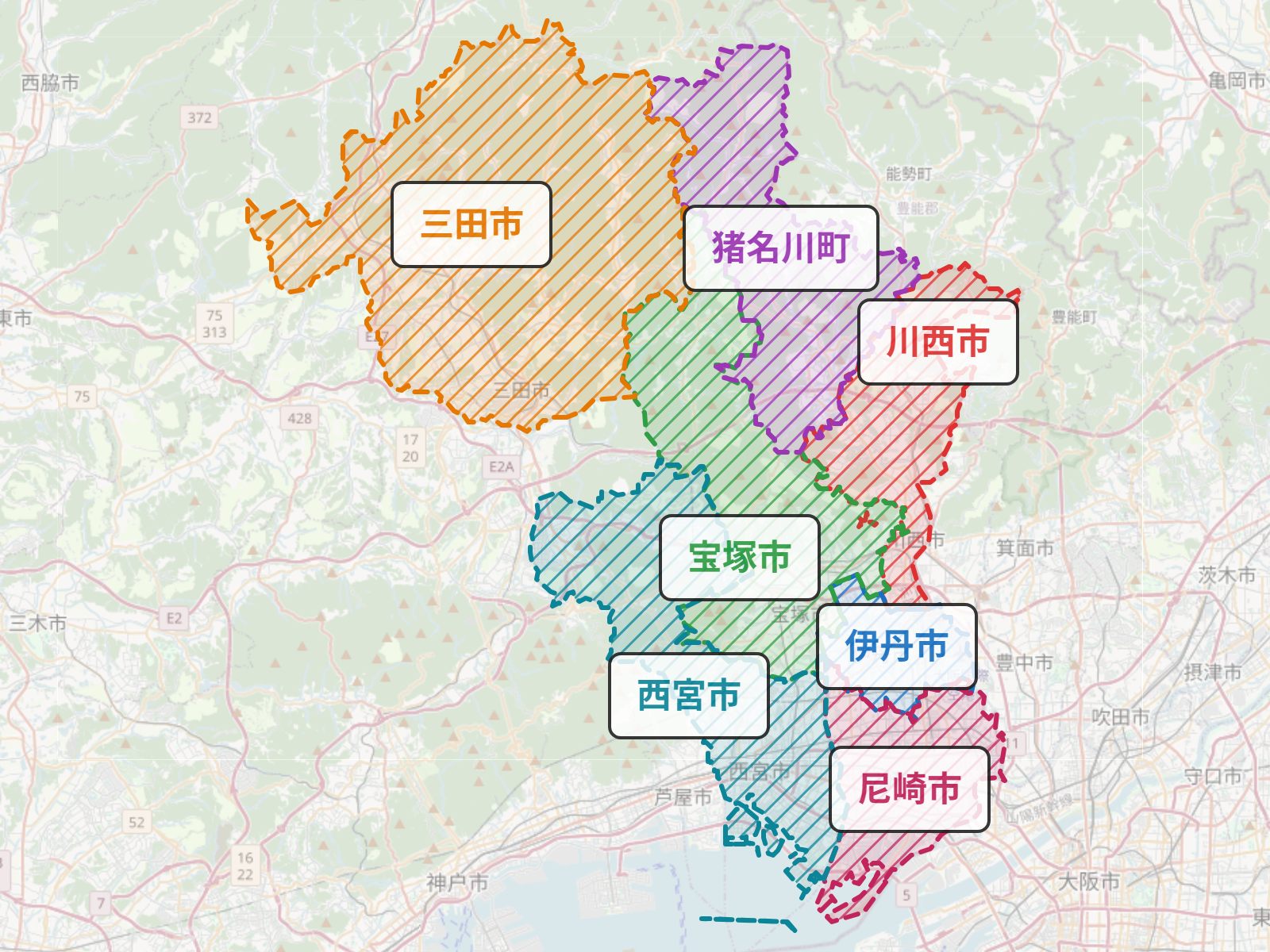 対応エリアの地図。川西市・伊丹市・宝塚市・猪名川町・尼崎市・西宮市・三田市を色分けした斜線で示しています。